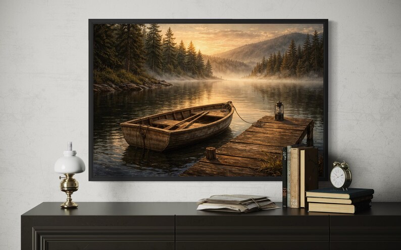 May include: A framed landscape print depicts a serene lake scene with a wooden rowboat tied to a dock. The artwork features a misty atmosphere, with trees lining the shore and mountains in the distance. A lantern sits on the dock, and the sky is illuminated by the sunrise.