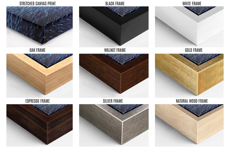 a collection of nine different types of wooden frames, each with a unique color and finish, arranged in a 3x3 grid.
