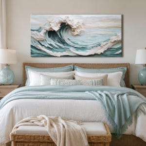 Peut inclure: Une &oelig;uvre d'art murale rectangulaire pr&eacute;sentant une repr&eacute;sentation textur&eacute;e et tridimensionnelle d'une vague oc&eacute;anique d&eacute;ferlante. L'&oelig;uvre affiche des tons bleu sarcelle profonds contrast&eacute;s par une &eacute;paisse peinture blanche sculpt&eacute;e.