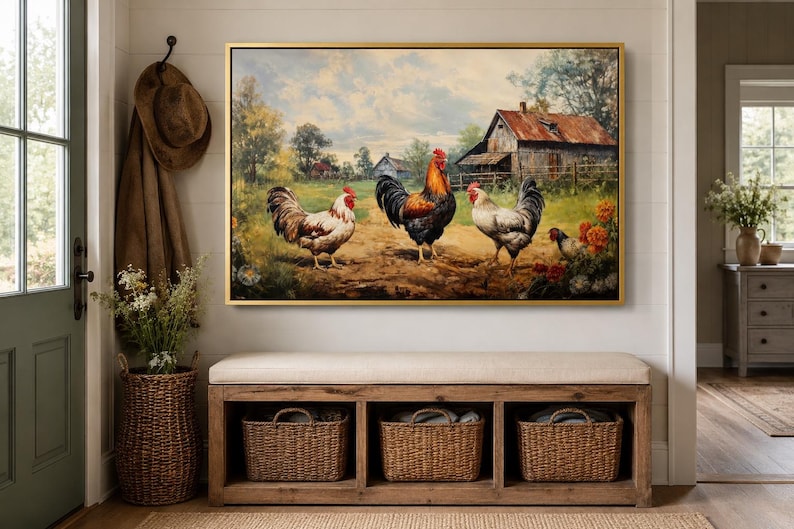 Farmhouse Wall Art, Roosters Chickens Retro Painting Canvas PRINT, Farm Wall Decor, Farm Kitchen Art Framed Unframed Ready to Hang image 20