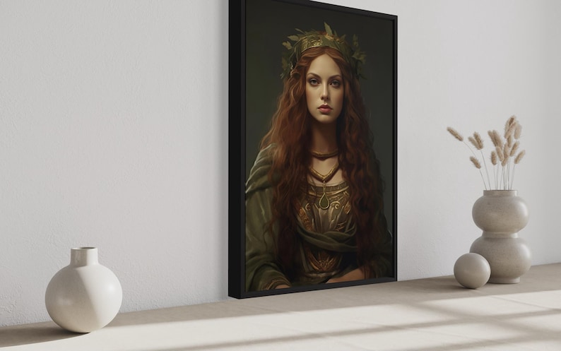 a large framed portrait of a woman with long red hair and a crown, displayed on a wall. The portrait is surrounded by a few decorative items, including a white vase and a small white ball.