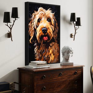 a large wooden dresser with a framed painting of a dog's face on it, flanked by two black sconces. The dresser also has a stack of books and a white bust on top. A yellow armchair is visible in the background, and a window can be seen on the right side of the image.