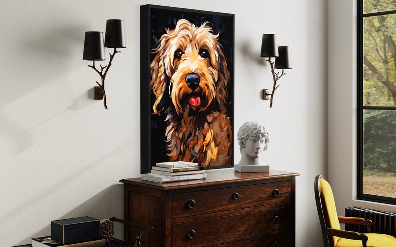 a large wooden dresser with a framed painting of a dog's face on it, flanked by two black sconces. The dresser also has a stack of books and a white bust on top. A yellow armchair is visible in the background, and a window can be seen on the right side of the image.