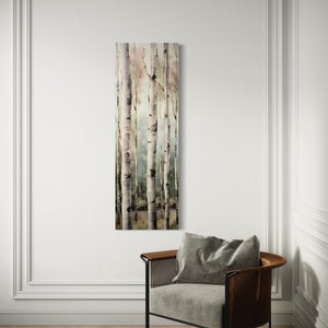 Vertical Wall Art Cabin Decor Birch Trees Painting Canvas Print, Tall Slim Decor Framed Ready To Hang - Modern Rustic Lodge Decor