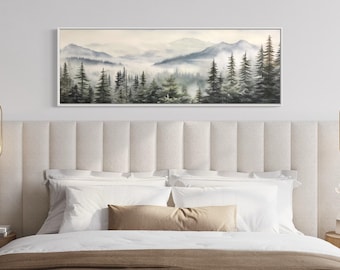 Foggy Forest Sage Green Painting Long Horizontal Canvas PRINT, Panoramic Farmhouse Over Bed Wall Art Framed Ready To Hang