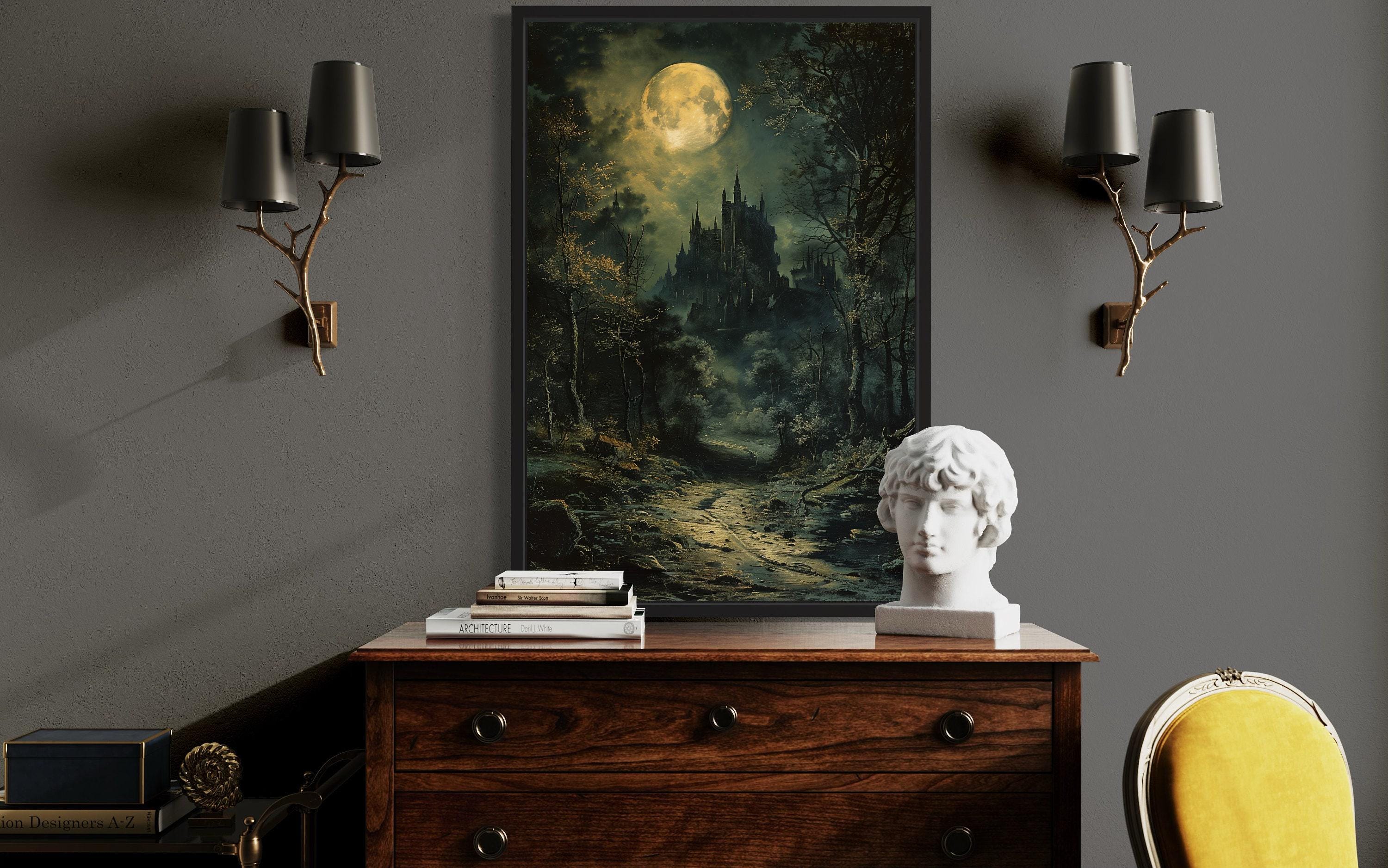 Dark Moonlit Gothic Vampire Castle Painting Canvas PRINT, Halloween Wall Art, Dark Academia Moody Decor Framed Ready To Hang