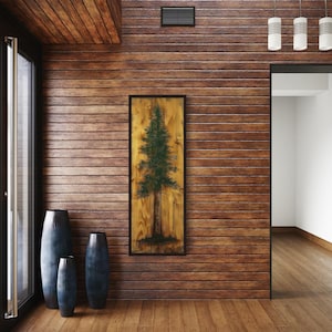 Tall Narrow Vertical Wall Art Green Pine Tree Painted On Wood Slice Canvas PRINT, Rustic Cabin Decor, Rustic Lodge Decor Ready To Hang