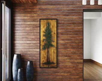 Tall Narrow Vertical Wall Art Green Pine Tree Painted On Wood Slice Canvas PRINT, Rustic Cabin Decor, Rustic Lodge Decor Ready To Hang