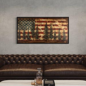 Rustic American Flag Extra Large Wall Art, Patriotic Wall Art, Flag And Pine Trees Painting Canvas Print Framed Ready To Hang