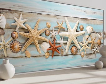 Beach House Wall Art - Starfish  And Shells Painting On Blue Wood Texture Canvas PRINT, Sea Star Coastal Wall Decor Framed Ready To Hang