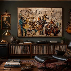May include: A large rectangular wall art print depicting a jazz band with musicians playing instruments, including a double bass and brass, surrounded by musical notes. The artwork features warm tones and abstract shapes in a dark-walled room setting.