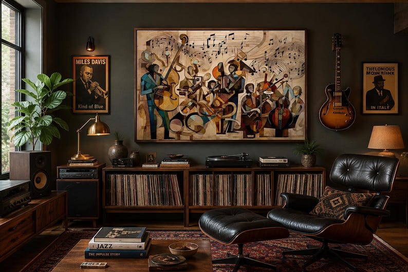 May include: A large rectangular wall art print depicting a jazz band with musicians playing instruments, including a double bass and brass, surrounded by musical notes. The artwork features warm tones and abstract shapes in a dark-walled room setting.
