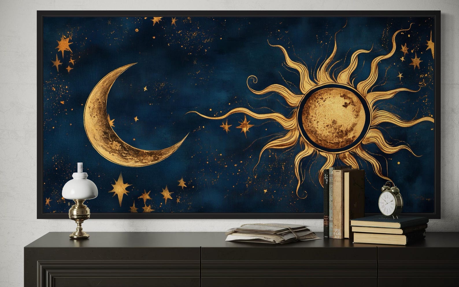 Navy Blue Gold Sun and Moon Wall Art, Celestial Painting Canvas PRINT ...
