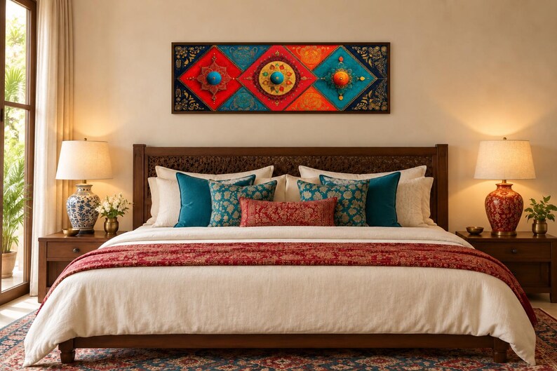 Puede incluir: Un dormitorio con una estructura de cama de madera, un edred&oacute;n color crema y un camino de mesa rojo con patrones. La cama est&aacute; decorada con cojines de color azul cerceta y estampados. Sobre el cabecero cuelga un arte mural con paneles geom&eacute;tricos.