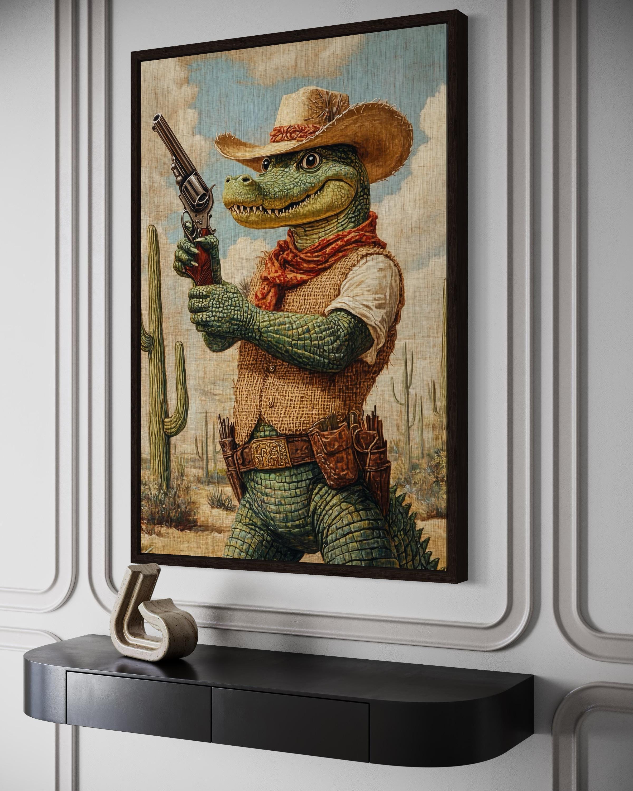 Funny Man Cave Art, Crocodile Cowboy Painting Canvas Print, Wild
