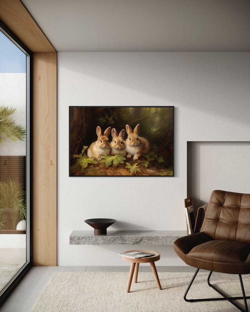 a cozy living room with a large painting of three rabbits on the wall, a brown leather armchair, and a small table with a plant on it.