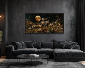 Eternal Love Gothic Wall Art, Skeletons in Flowers Eternal Slumber Painting Canvas PRINT, Romantic Halloween Wall Art Framed Ready To Hang