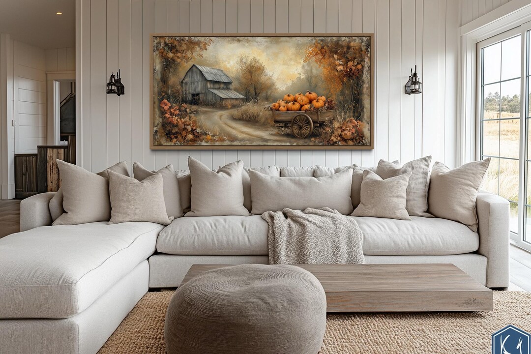 Autumn Barn and Pumpkin Cart Wall Art – Rustic Farmhouse Harvest Canvas ...