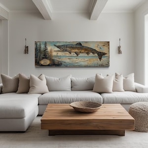 Pike Fish Wall Art, Cabin Wall Decor Fishing Wall Art Angler&#39;s Paradise Retreat Fishing Sign, Long Horizontal Above Bed Art Ready To Hang