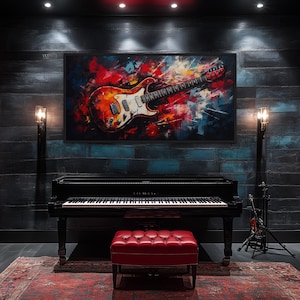 Guitar Wall Art - Red Electric Guitar Abstract Music Room Decor - Guitar Painting Canvas PRINT, Gift For Musicians Framed Ready To Hang