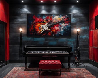 Guitar Wall Art - Red Electric Guitar Abstract Music Room Decor - Guitar Painting Canvas PRINT, Gift For Musicians Framed Ready To Hang