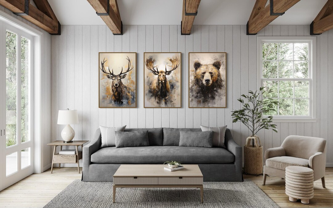 Set of 3 Wildlife Prints for Cabin Wall Decor - Bear, Moose and Elk ...