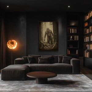 a modern living room with a large bookshelf filled with books, a comfortable sofa, and a round coffee table. The room has a dark color scheme and a large window that allows natural light to enter the space.