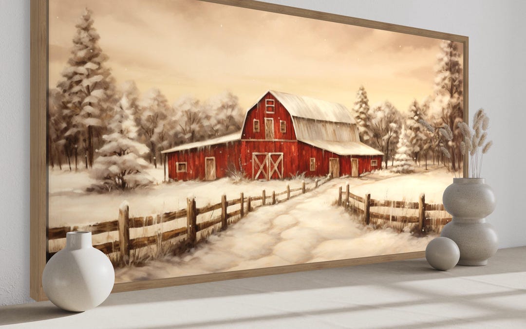 Rustic Farmhouse Christmas Wall Art Red Barn in Snow Painting Print on ...