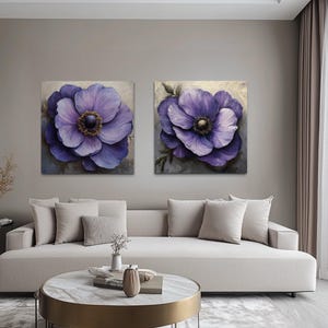 Set of 2 Purple Floral Wall Art - Large Violet Flower Canvas Prints For Living Room Or Bedroom, Modern Purple Botanical Artwork