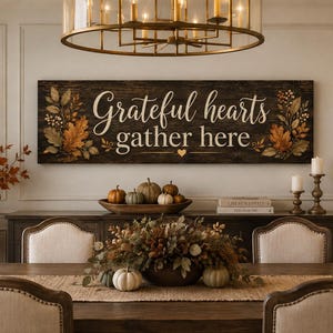 May include: A rectangular wooden wall sign featuring the text Grateful hearts gather here in white script and serif lettering, accented by painted autumn leaves and berries on both sides, set against a dark brown wood grain background.