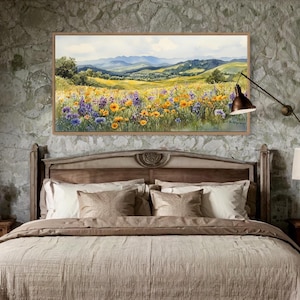 Vibrant Wildflowers Field Canvas Painting PRINT, Farmhouse Wall Art, Country Landscape Home Decor,  Framed Ready To Hang