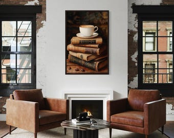 Books And Coffee Wall Art, Stack Of Books Painting Canvas Print, Library Or Reading Nook Decor Framed Ready To Hang