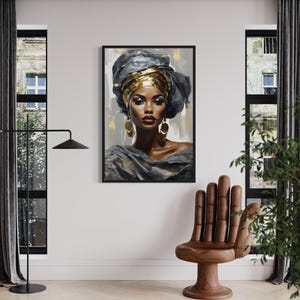 a large painting of a woman with a headdress, hanging on a white wall in a room with a wooden chair and a plant.