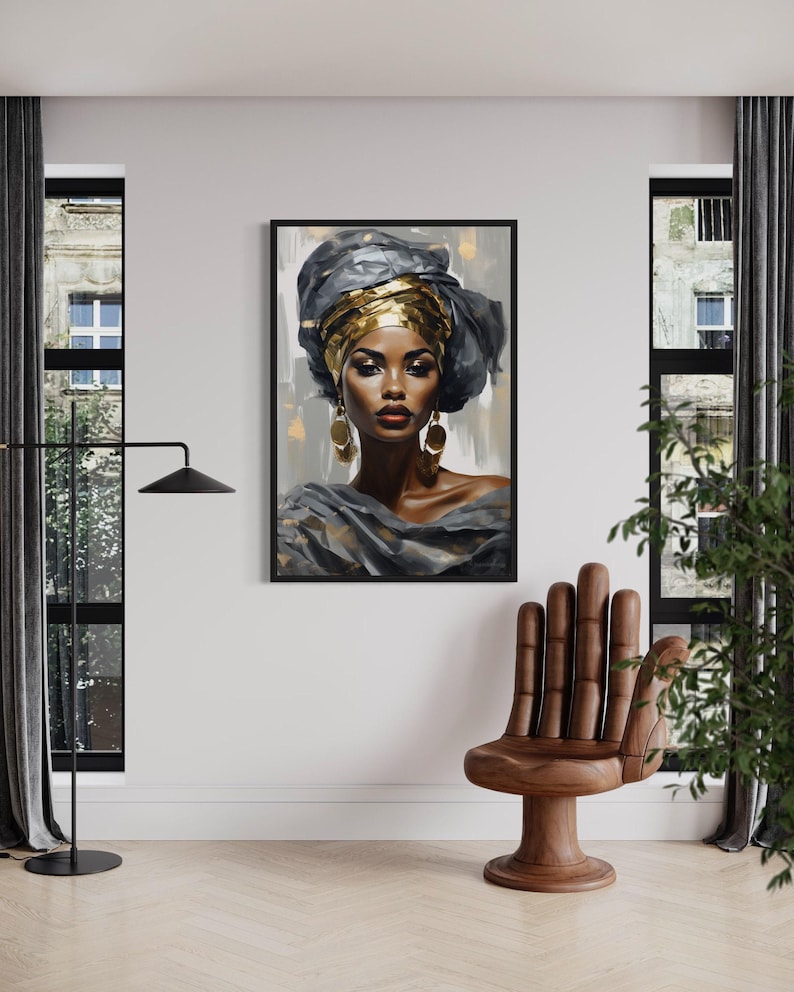 a large painting of a woman with a headdress, hanging on a white wall in a room with a wooden chair and a plant.