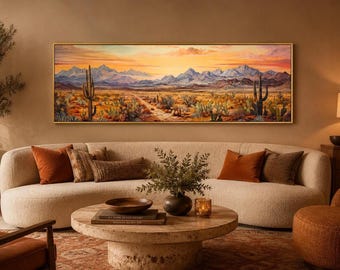 Desert Landscape Oil Painting With Cactus Printed On Canvas - Panoramic Arizona Sonoran Desert Wall Art- With or Without Frame Ready To Hang
