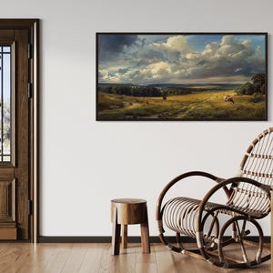 a serene indoor setting with a wooden door, a painting of a rural landscape, a wooden rocking chair, and a wooden stool.