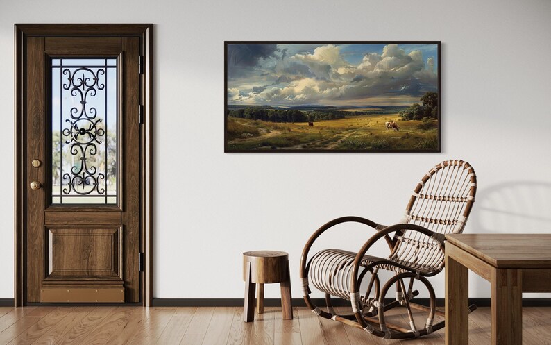 a serene indoor setting with a wooden door, a painting of a rural landscape, a wooden rocking chair, and a wooden stool.