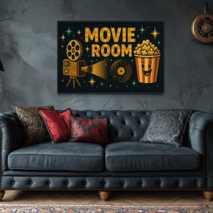 Retro Movie Room Wall Art with Popcorn and Projector – Man Cave or Home Theater Canvas Sign, Film Lover Decor