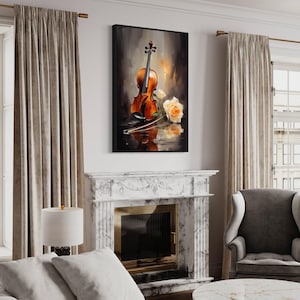 a living room with a white fireplace, a gray armchair, and a white sofa. Above the fireplace is a framed painting of a violin and a rose.