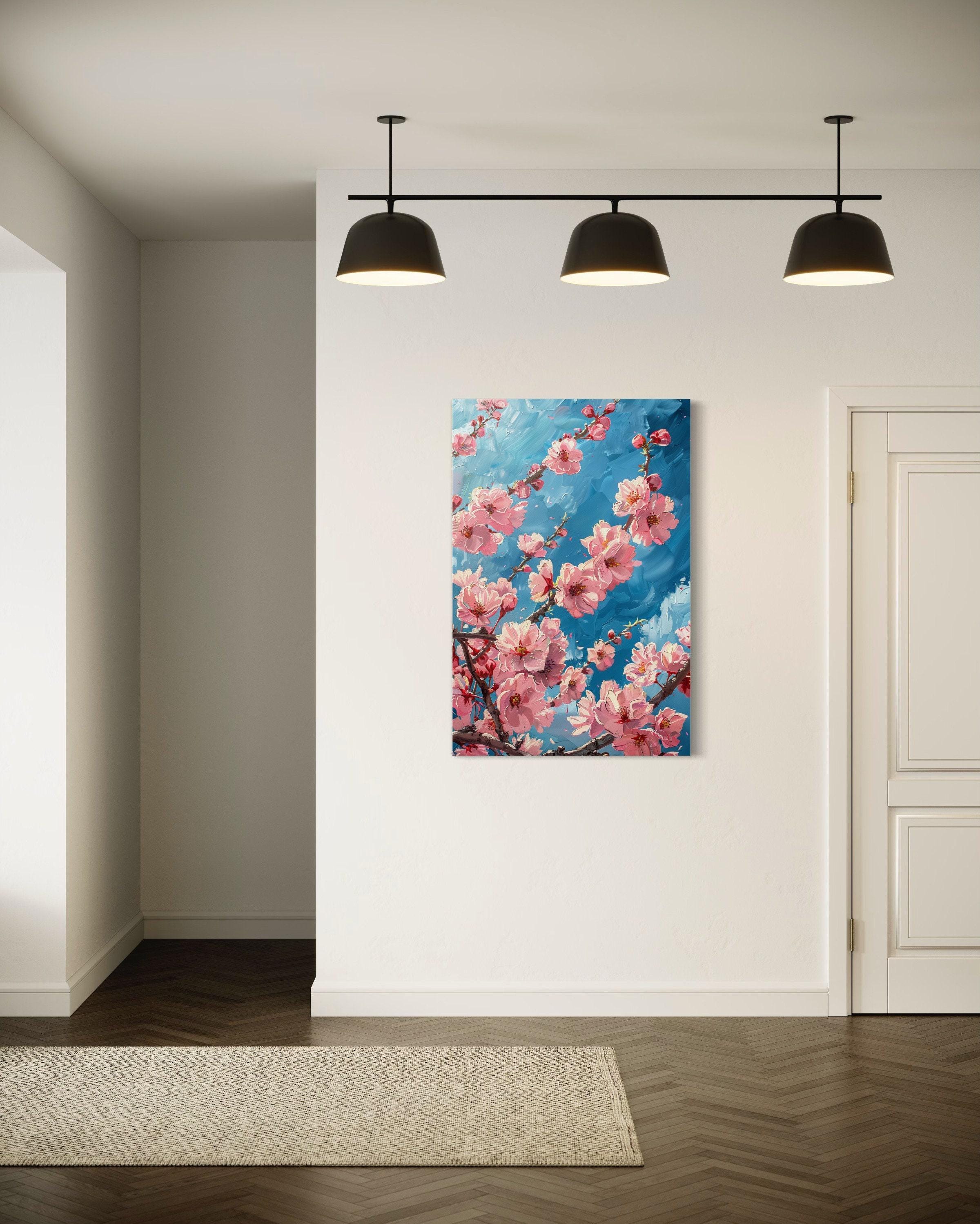 Cherry Blossom Wall Art, Pink Sakura Branch Painting Canvas PRINT, Boho ...
