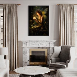 a living room with a fireplace, a round table, and two chairs. Above the fireplace is a framed painting depicting a fairy with wings.