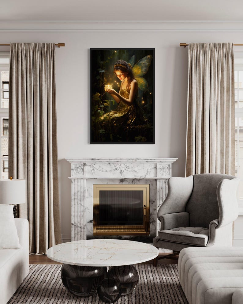 a living room with a fireplace, a round table, and two chairs. Above the fireplace is a framed painting depicting a fairy with wings.