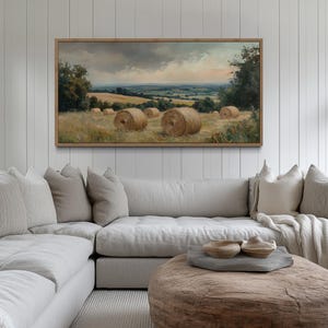 Pastoral Hay Field Wall Art – Golden Hay Bales Landscape Canvas Print, Country Farmhouse Decor Framed Ready To Hang