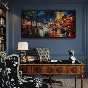 Las Vegas Strip Night Painting – Colorful Neon Cityscape Canvas Wall Art, Long Horizontal Vegas Artwork Framed Ready To Hang