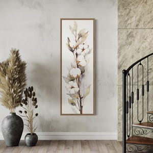 Long Narrow Vertical Farmhouse Wall Art, Cotton Plant Watercolor Boho Painting Canvas PRINT, Botanical Slim Tall Wall Art  Ready To Hang