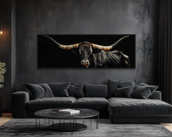 Black Texas Longhorn Cow Long  Horizontal Canvas Print - Photo Style Longhorn Steer Panoramic Wall Art - Framed Ready To Hang