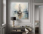 Neutral Light Blue Sailboat Wall Art, Minimalist Nautical Painting With Soft Coastal Colors Painting Canvas Print Framed Ready To Hang