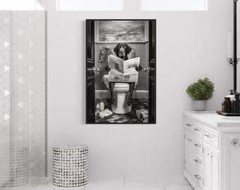 Labrador Retriever Dog On The Toilet Reading Newspaper, Funny Bathroom Art, Toilet Humor Animal Print Canvas Framed Unframed Ready To Hang