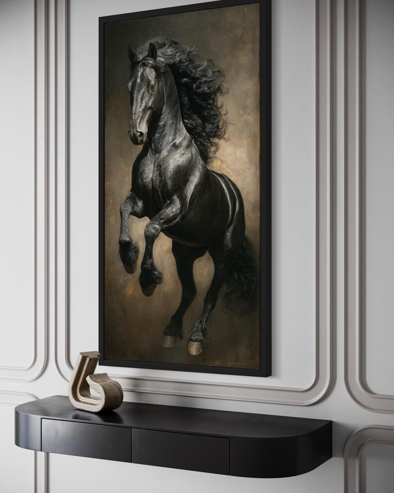 a large black horse with flowing mane and tail, standing on its hind legs, creating a dynamic and powerful visual effect.