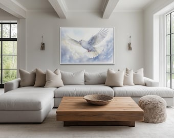 Holy Spirit Wall Art – White Dove in Clouds Christian Canvas Print, Peaceful Religious Artwork for Living Room or Prayer Space Decor